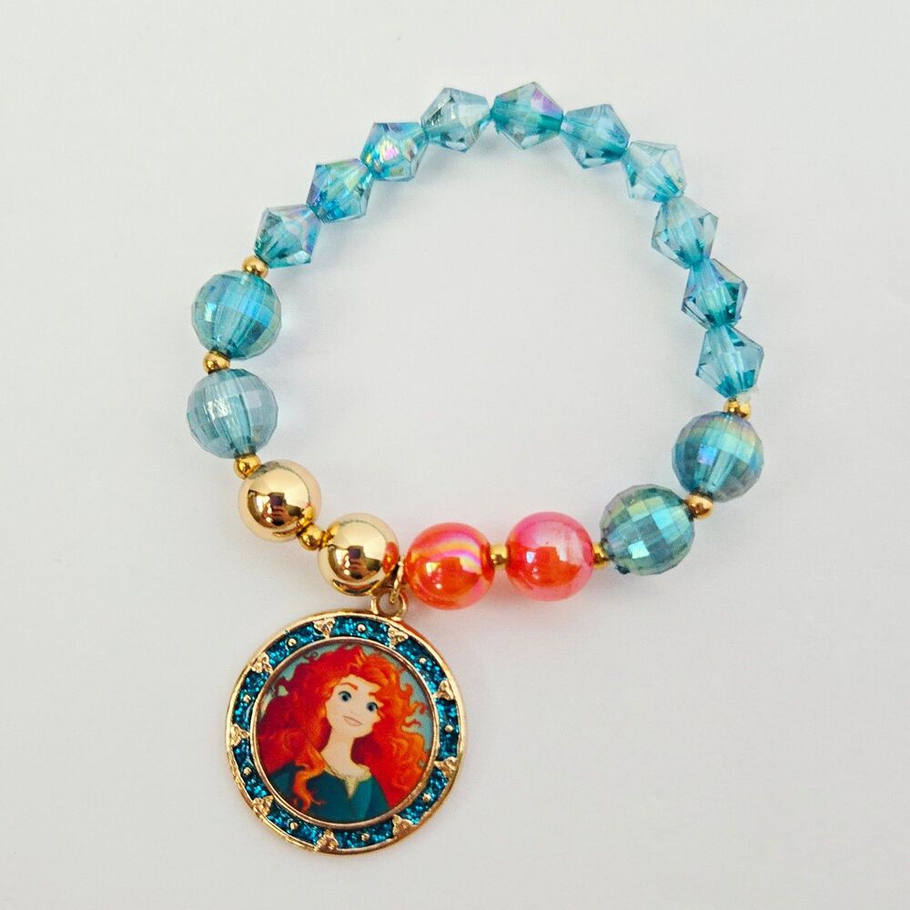 Disney Merida Costume Jewelry Brave Charm Bracelet Beaded Stretch Kids Blue